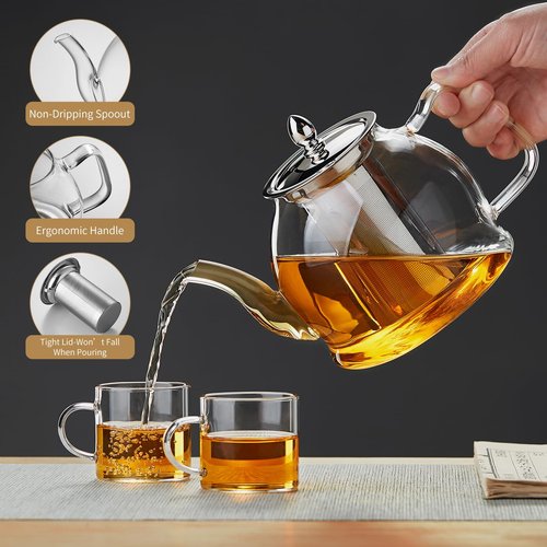 DOPUDO 1200ml Glass Teapot with Removable Infuser, Stovetop Safe Tea Kettle, Blooming and Loose Leaf Tea Maker Set