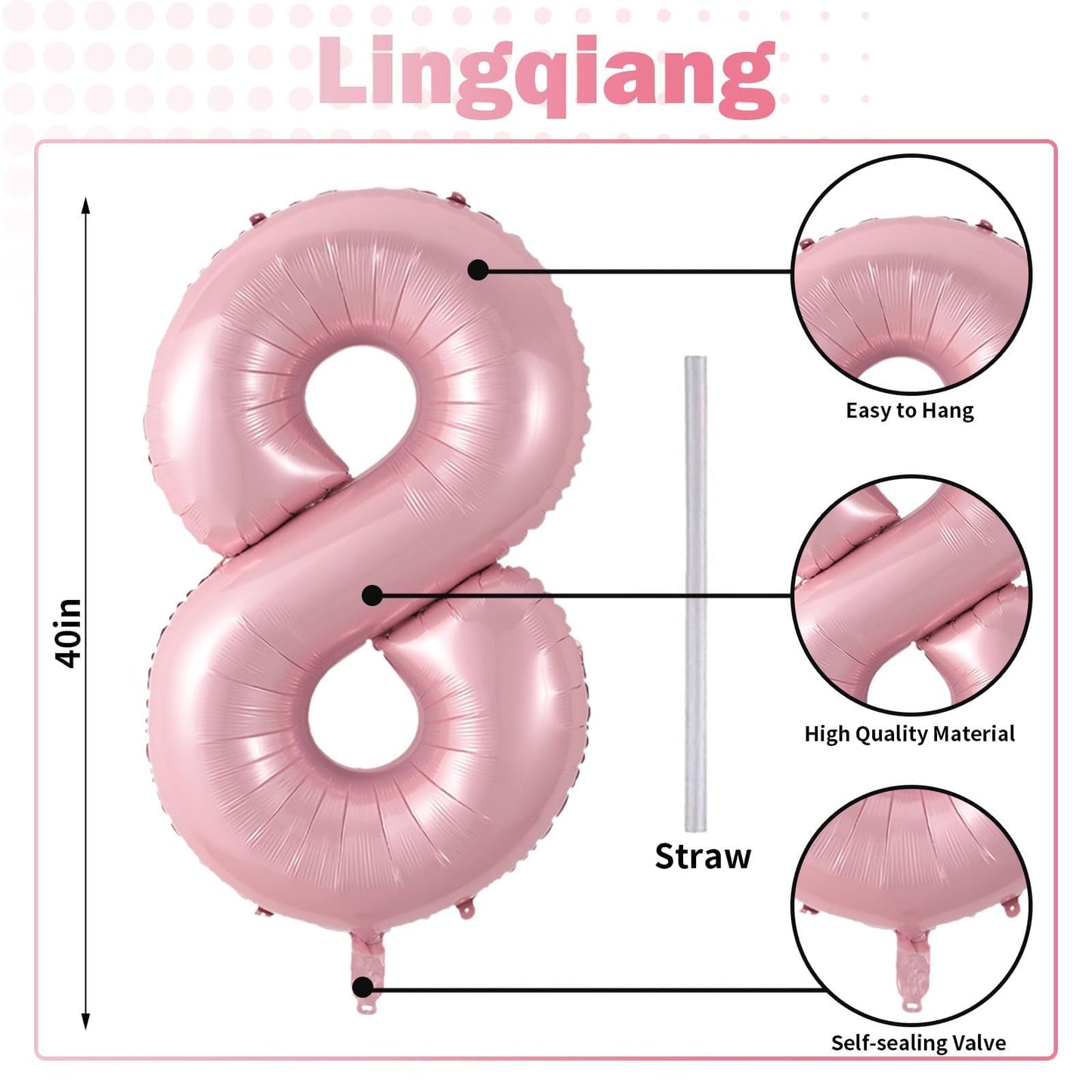 Pastel Pink 8 Balloons, 40" Giant Helium Foil Number 0-9 Light Pink Birthday Balloon for Girls, Self Inflating Digit 8 Balloons for Women Anniversary Graduation Princess Party Decorations Supplies