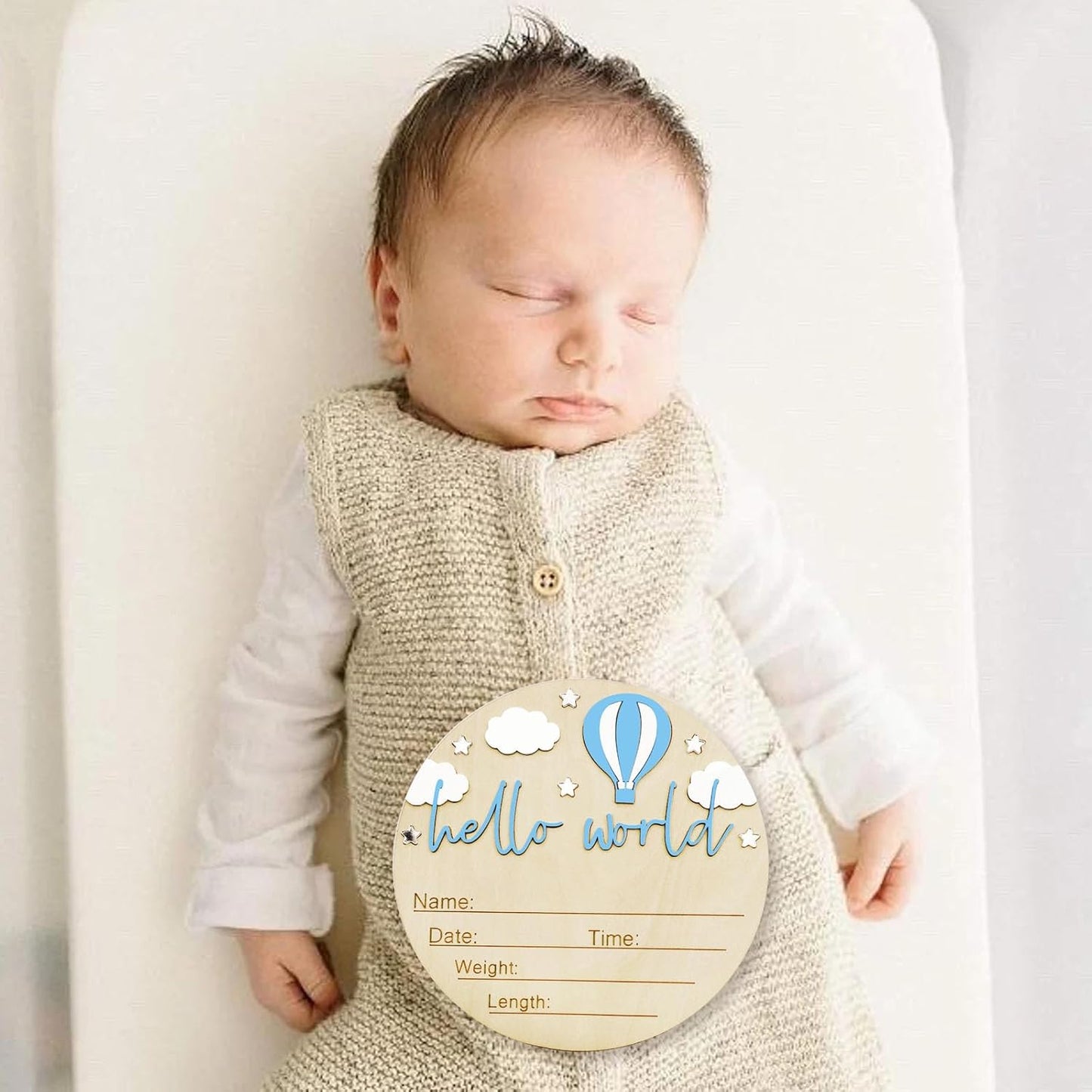 Skiennix Baby Announcement Sign - 5.9 Inch Wooden Hello World Newborn Sign with Hot Air Balloon & Cloud (Blue)