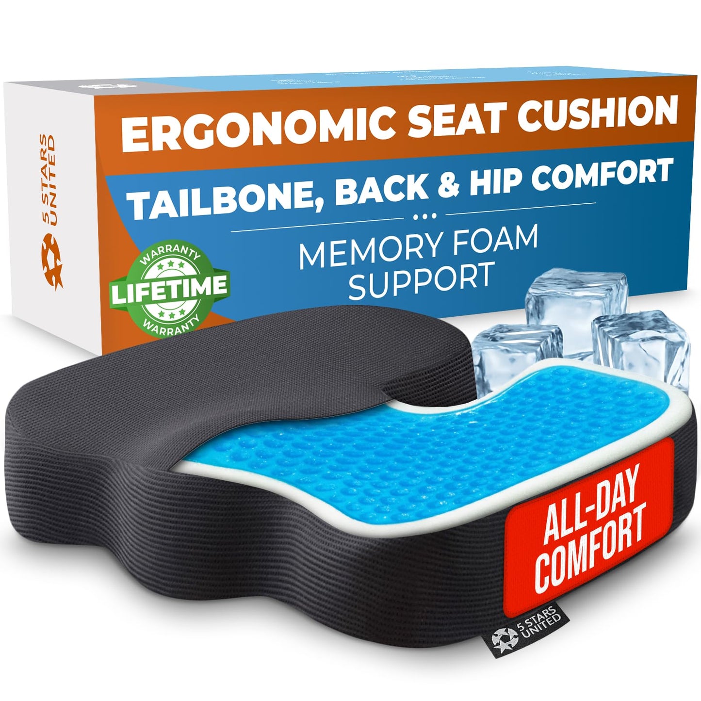 5 STARS UNITED Seat Cushion - Memory Foam&Cooling Gel Chair Cushion for Tailbone Pain Relief - Ergonomic Support for Coccyx, Sciatica & Butt - Office, Desk & Gaming Chair, Car Seat, Wheelchair, Black