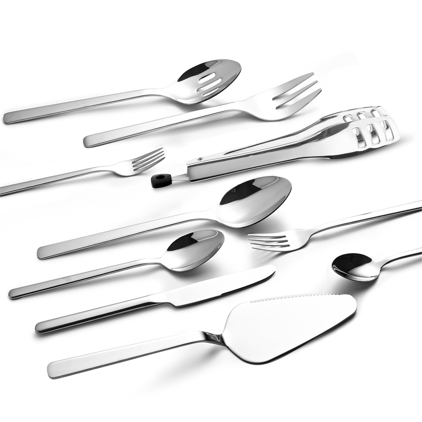 KINGSTONE Silverware Set With Serving Utensils, 65 Piece Flatware for 12, 18/10 Cutlery With 5 Piece Serving Utensil Set - Modern and Original Design, Dishwasher Safe
