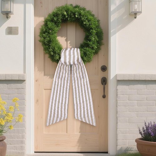 Brown Wreath Sash - 2 Pcs Rustic Seersucker Sashes for Embroidery Monogram Home Decor | 60 Inch Boho Stripe