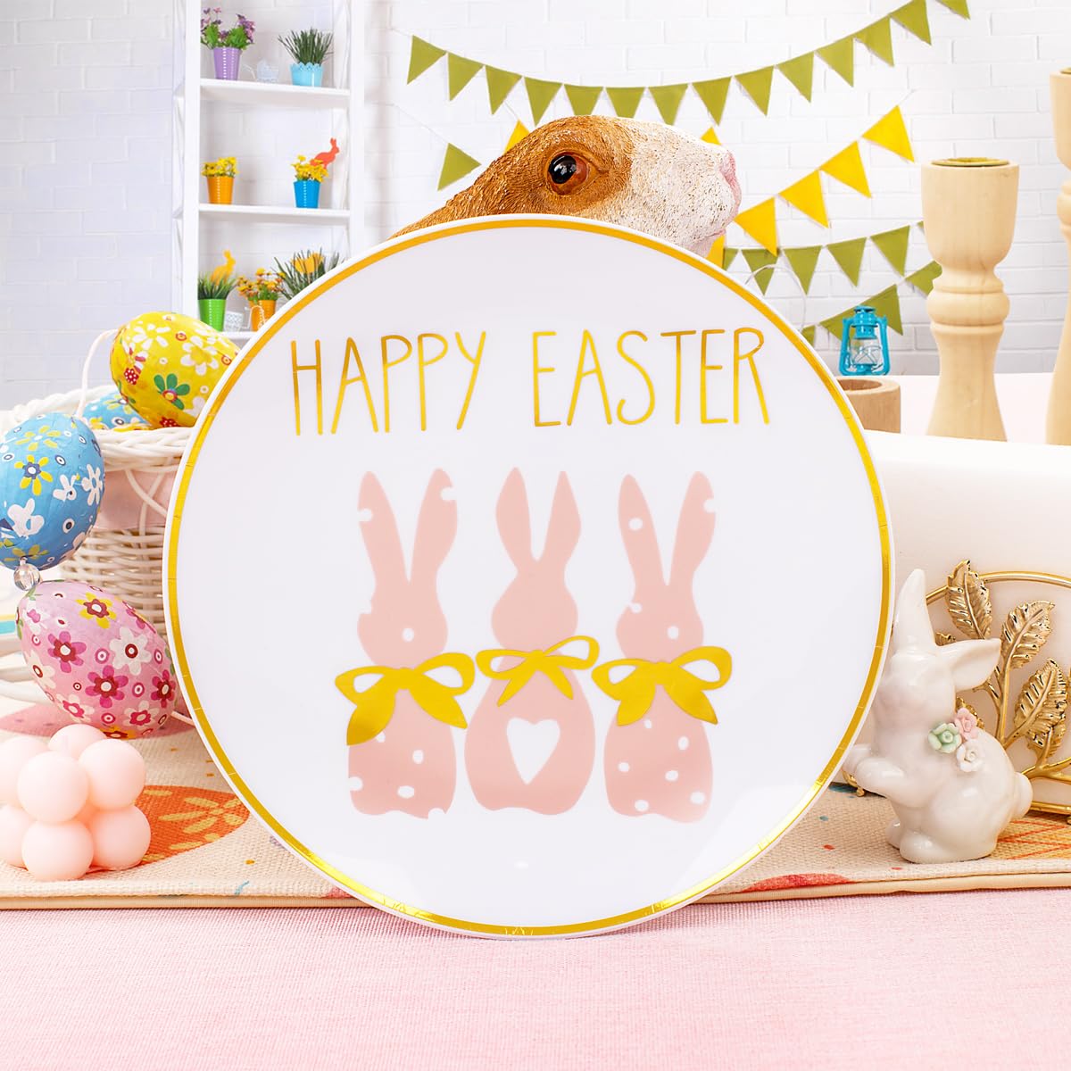 Morejoy 175pcs Easter Plastic Plates,Bunny Plates,Easter White & Pink Plates Disposable include 25Dinner Plates,25 Salad Plates,25 Cups,25 Forks,25 Knives,25 Spoons,25 Napkins Perfect for Party