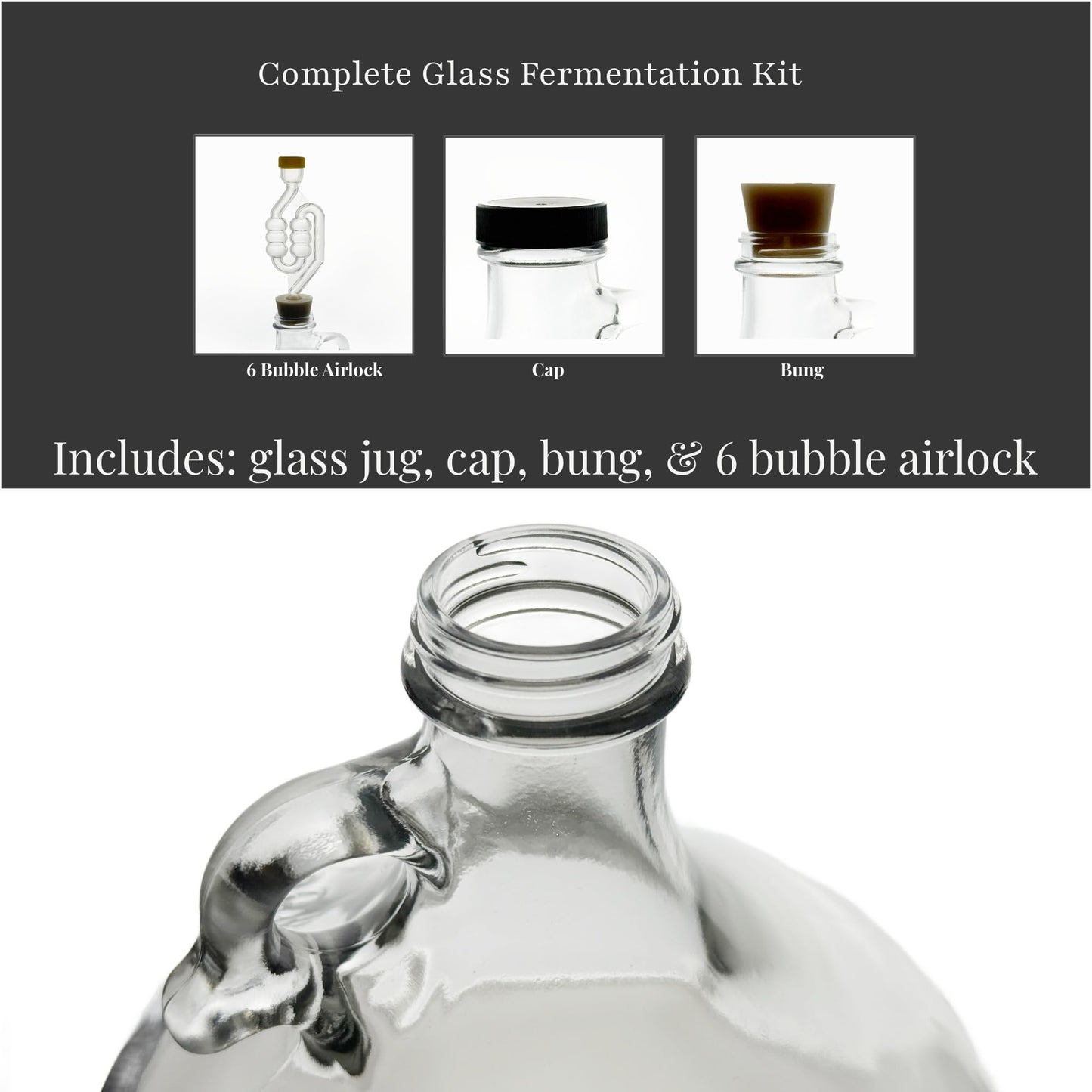 North Mountain Supply - 1G-38-ST-TB-1 1 Gallon Glass Fermenting Jug with Handle, 6.5 Rubber Stopper, Twin Bubble Airlock, Black Plastic Lid (Set of 1)
