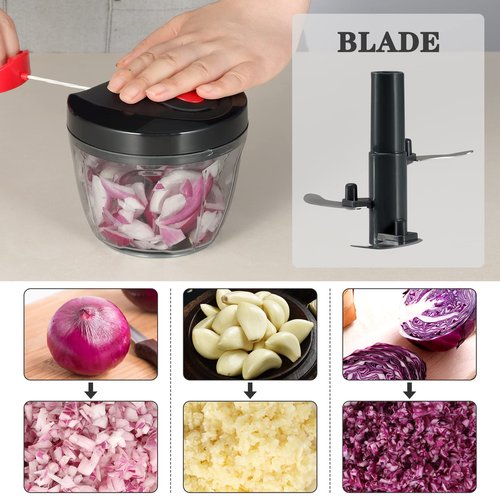 Cambom Manual Food Chopper Vegetable Cutter, Hand String Vegetable Chopper Onions Cutter for Vegetable Fruits Nuts BPA Free Food Safe Material, 500ml Black