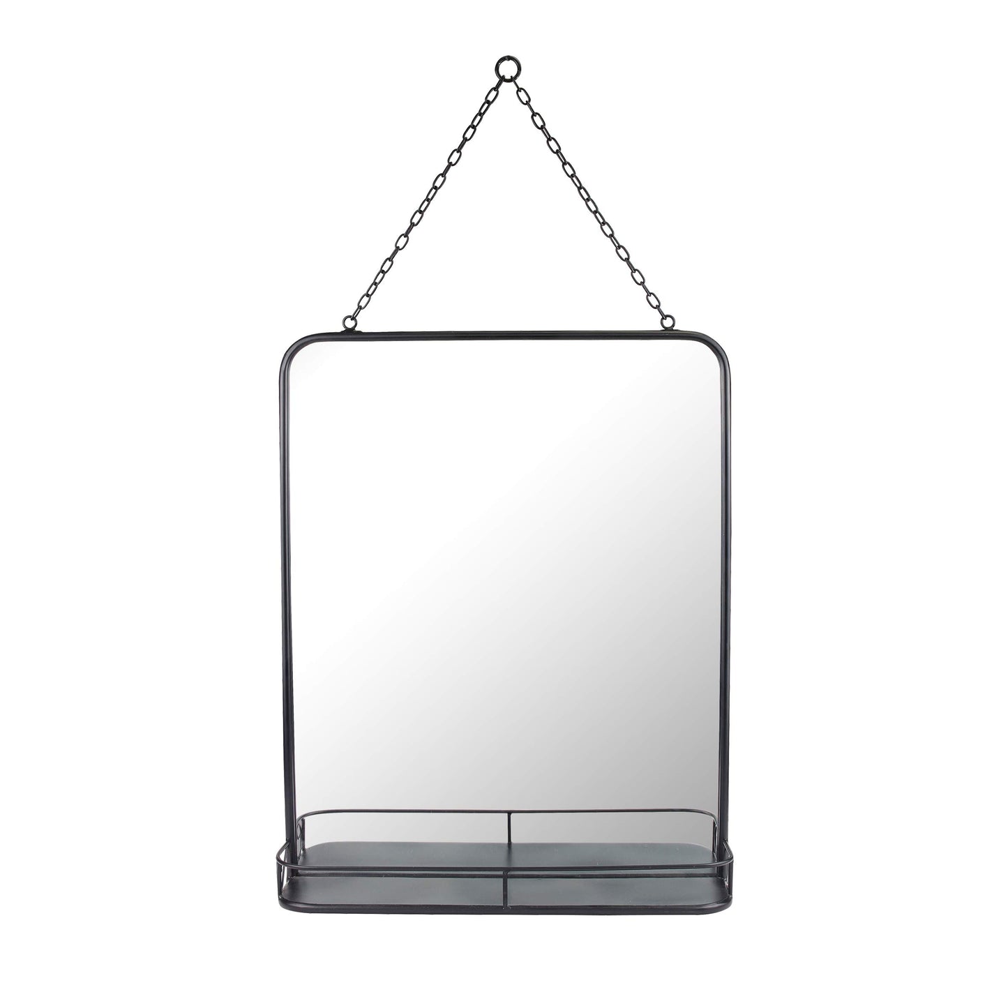Stonebriar 21" x 16" Rectangle Black Metal Wall Mirror with Hanging Chain and Shelf, Decorative Industrial Decor for the Living Room, Bedroom, Bathroom, Hallway, and Entryway