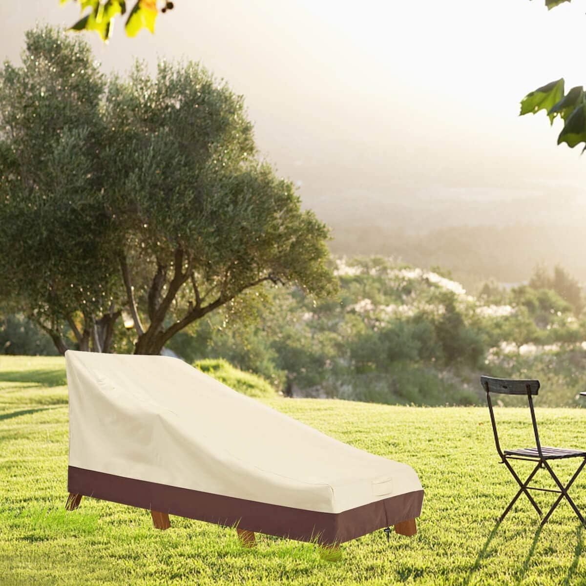 Vailge Waterproof Patio Chaise Lounge Cover - Heavy Duty 600D UV Resistant - Medium Beige & Brown