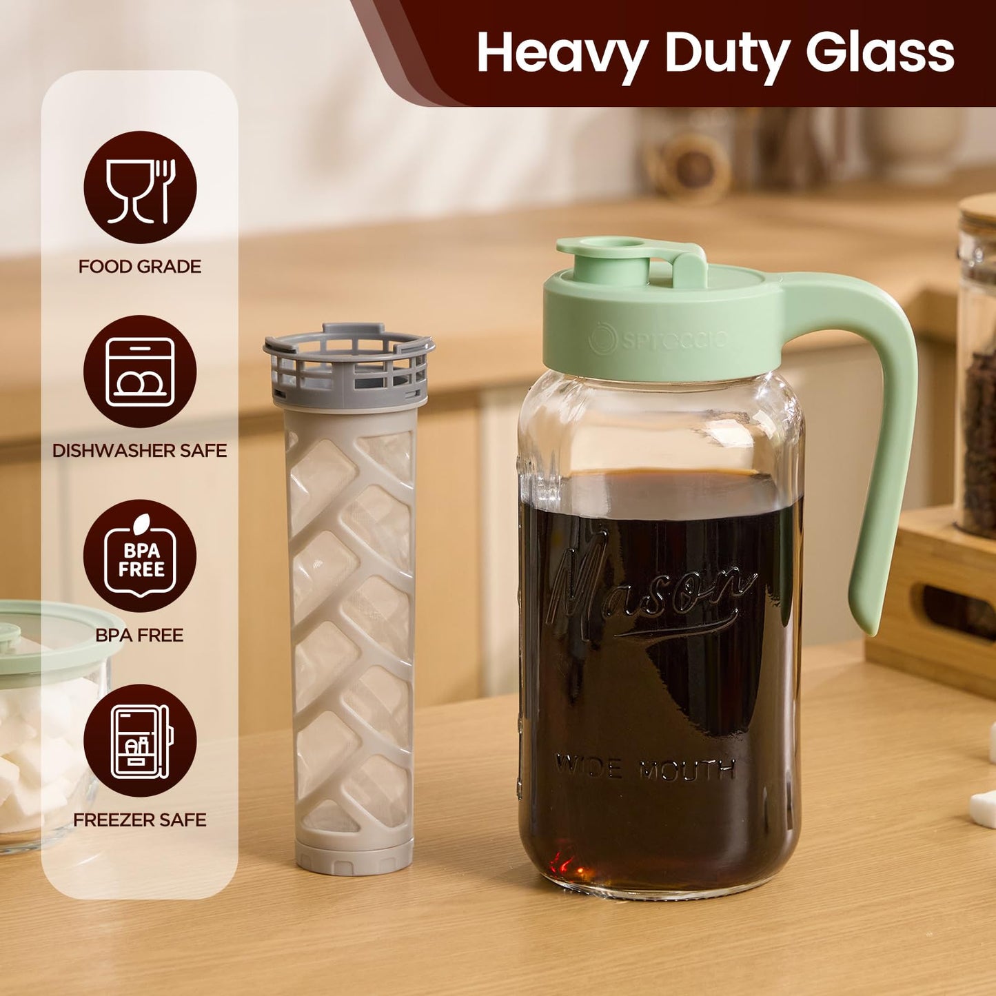 Spreccio Cold Brew Coffee Maker Glass, Airtight & Leakproof Mason Jar Pitcher with Cold Brew Filter, 64 oz Glass Pitcher with Lid for Iced Coffee, Lemonade, Ice Tea