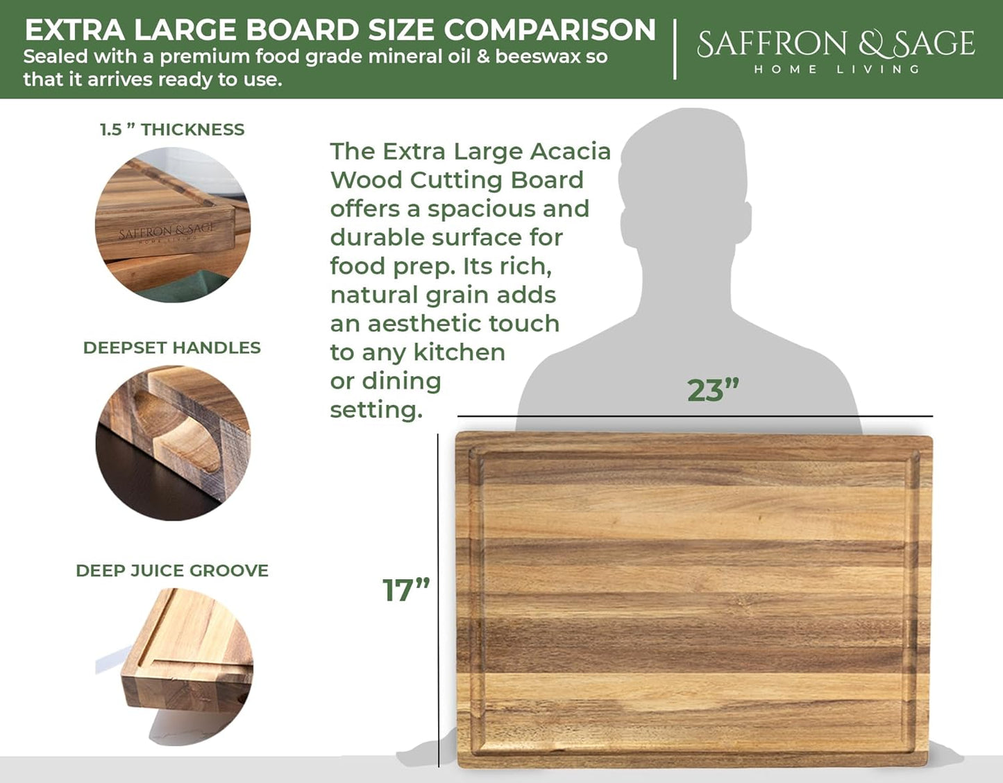 Saffron & Sage Large Wood Cutting Board - Thick 16 x 12 x 1.5 Inch Acacia with Juice Groove | Reversible Chopping & Charcuterie Board