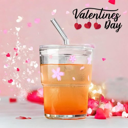 Colnic Iced Coffee Cup, 15Oz/450ml Glass Cups With Lids And Straws, Iced Coffee Glasses Tumbler, Thick Wall Mug For Tea Water With Glass Straw, Coffee Cute Tumbler Gifts (Pink)