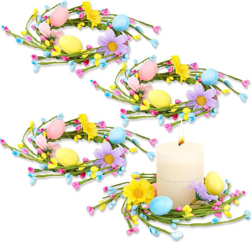Jansun Easter Candle Rings - 4 Pcs Mini Wreaths with Pink & Blue Eggs for Table Decor | Spring Centerpieces