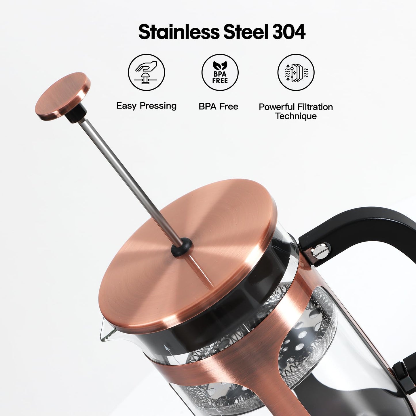 Panana 34 Ounce 1 Liter French Press Coffee Maker, Heat Resistant Borosilicate Glass Coffee Press, Cold Brew Coffee Pot Tea Press for Kitchen, Stainless Steel (Copper)