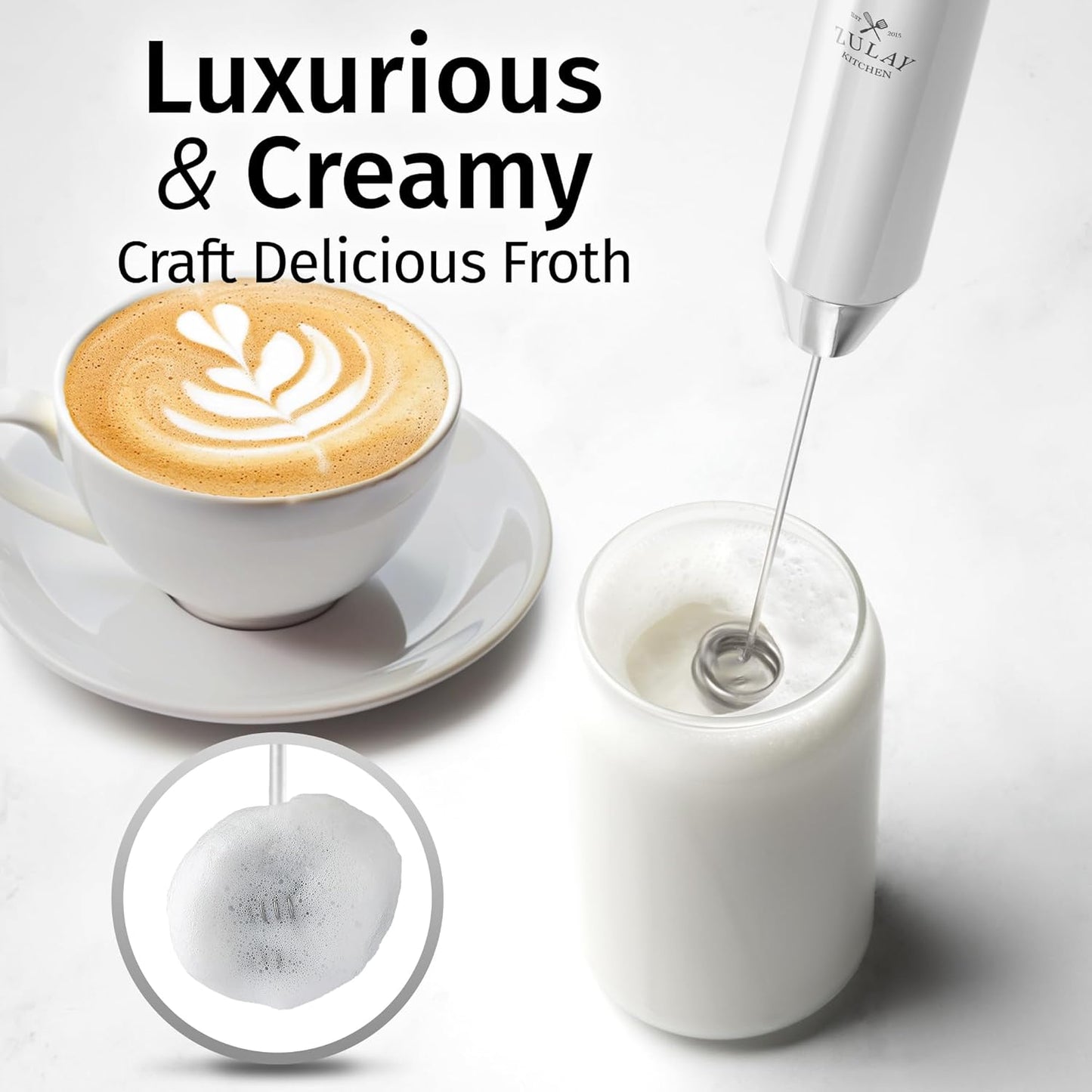 Zulay Kitchen Rechargeable Milk Frother - Powerful 2-Speed Motor & Waterproof Design - Snow White
