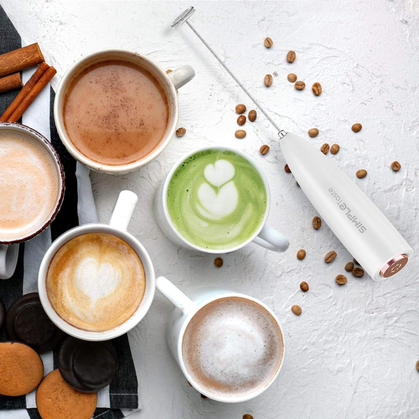 SIMPLETASTE Milk Frother - Handheld Electric Foam Maker for Cappuccino & Latte - White with Stand