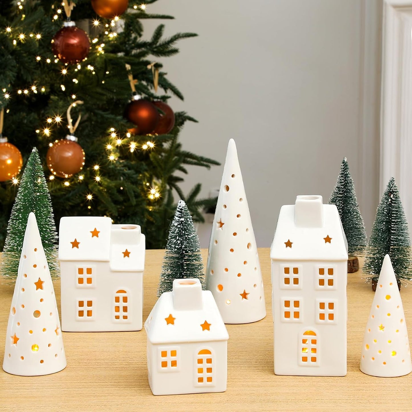 Newtay Ceramic LED Christmas Village Set - 3 Houses & 3 Trees for Festive Tabletop Decor | White Porcelain