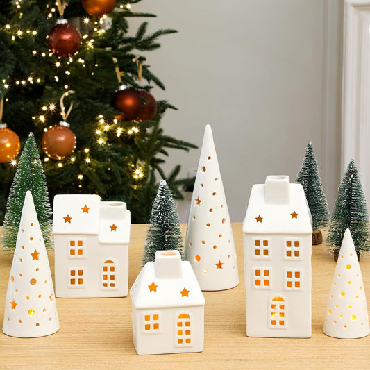 Newtay Ceramic LED Christmas Village Set - 3 Houses & 3 Trees for Festive Tabletop Decor | White Porcelain