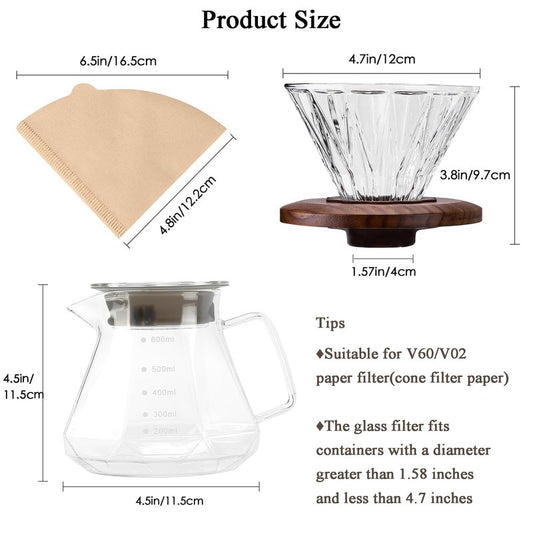 Polydremio Pour Over Coffee Maker, 20 oz Borosilicate Glass Carafe with 100 pcs Size 02 Paper Filter, Walnut Handle & Glass Lid, 600 ml, Clear