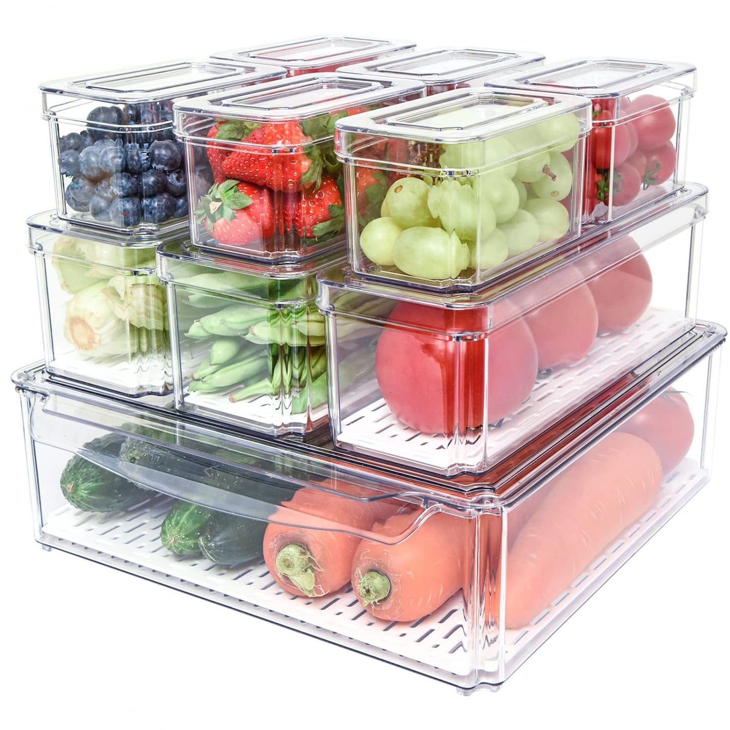 POMEAT 10-Pack Stackable Fridge Organizer Bins with Lids - Clear Produce & Food Storage Containers