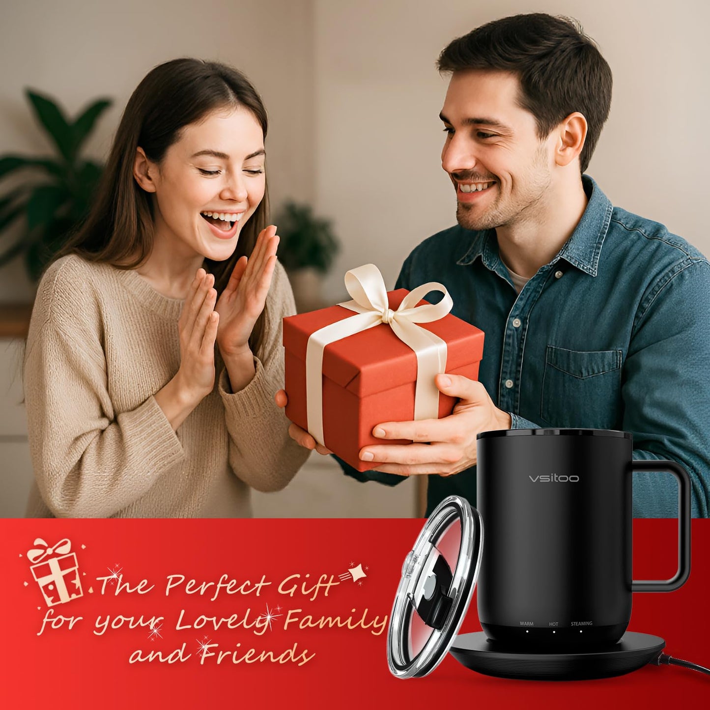 Vsitoo S3 Plus 14oz Heated Coffee Mug - Temperature Control Smart Mug with Mug Warmer, Auto-Sensing AI Heats Drinks to 120-150°F Hands-Free.Ideal for Home/Office/Gifts, Tan