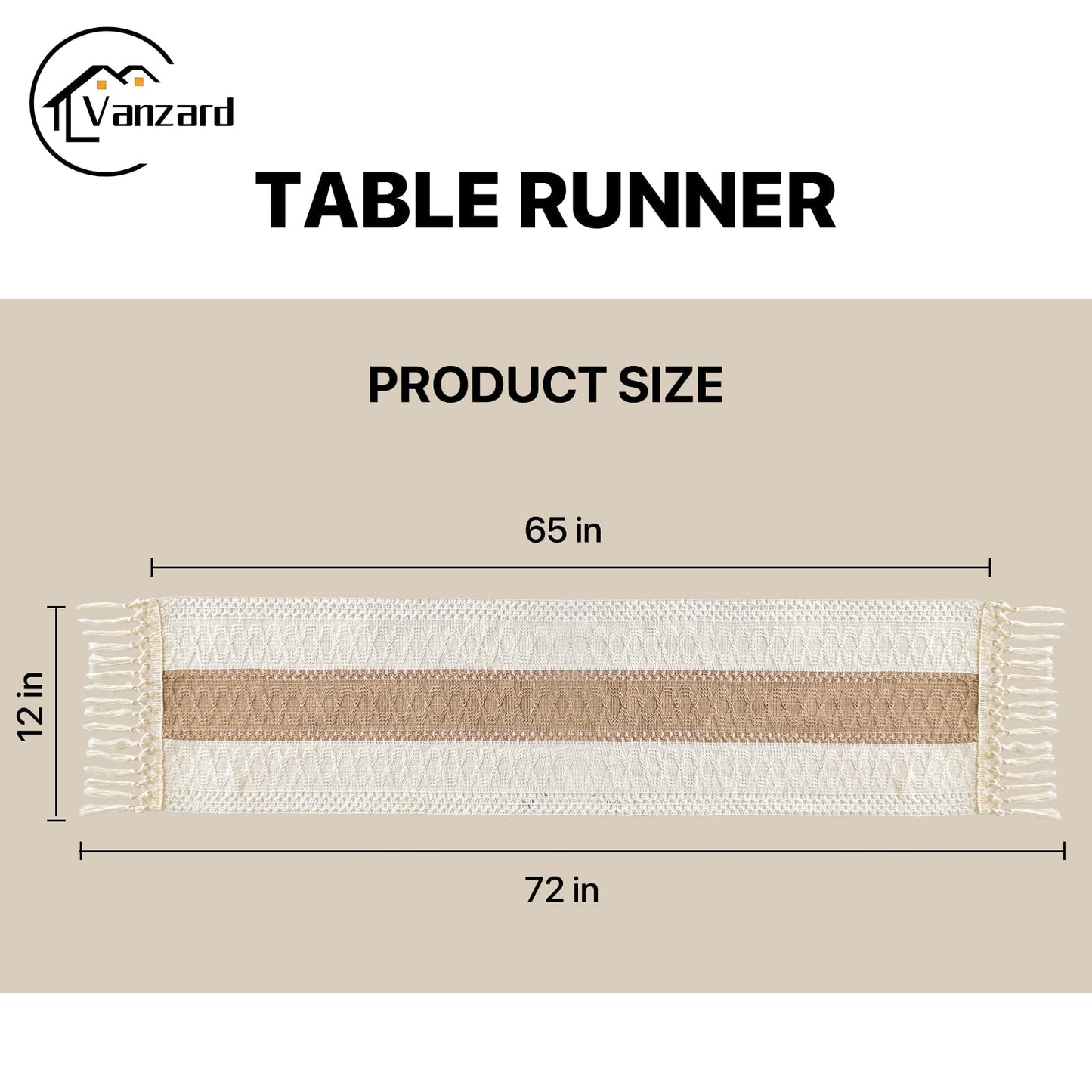 Vanzard Boho Table Runner for Spring Home Decor with Tassels 72 Inches, Farmhouse Rustic Cream & Brown Table Runners for Bohemian Kitchen Summer Dining Table(12x72in, Fringe Included)