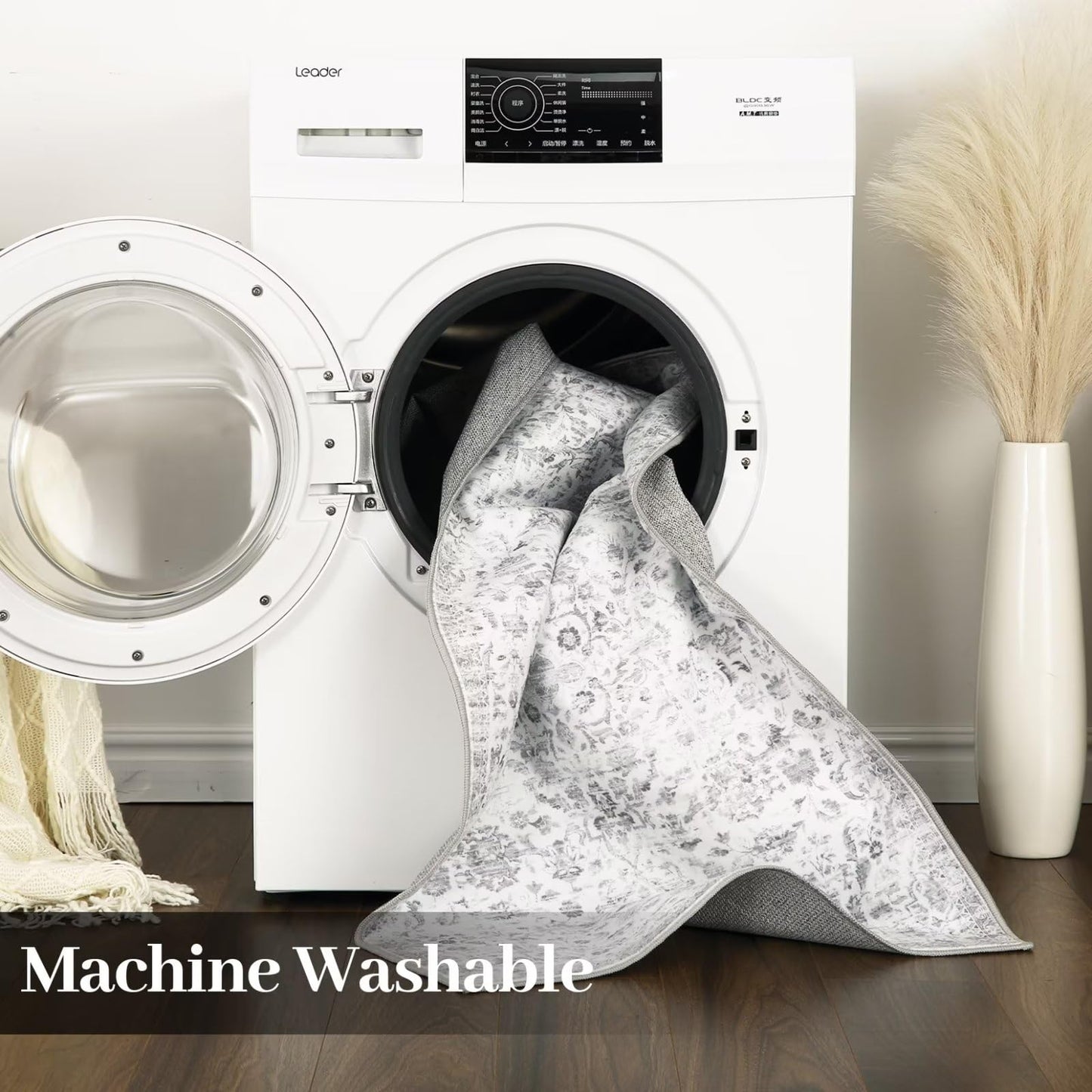 GlowSol Washable Rug 5x7 Floral Area Rug Non Slip Non Shedding Fluffy Pile Rug Throw Rug Ultra-Thin Indoor Floor Carpet for Bedroom Living Room Nursery, Grey