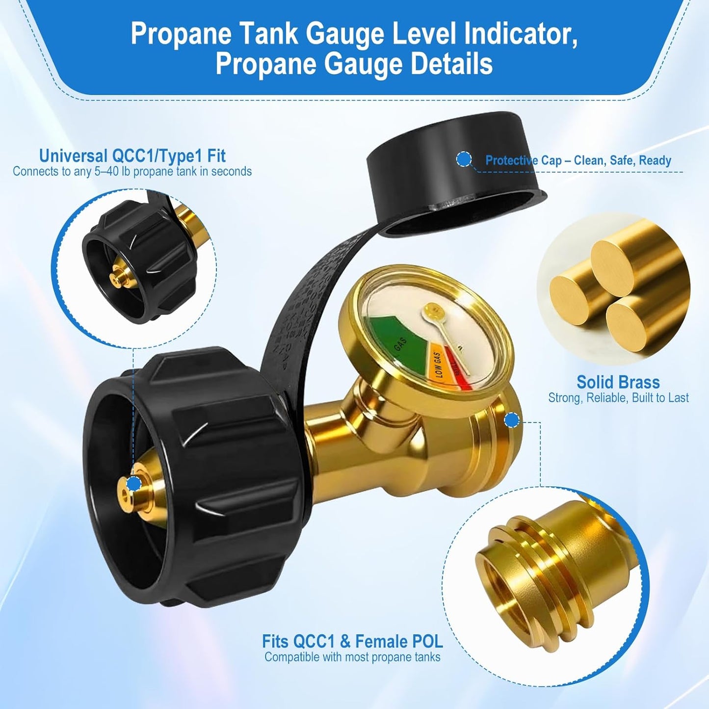 Propane Tank Gauge - Universal Level Indicator for 5-40 lb LP Tanks | Easy-to-Read Color-Coded Gas Pressure Meter (2 PCS)