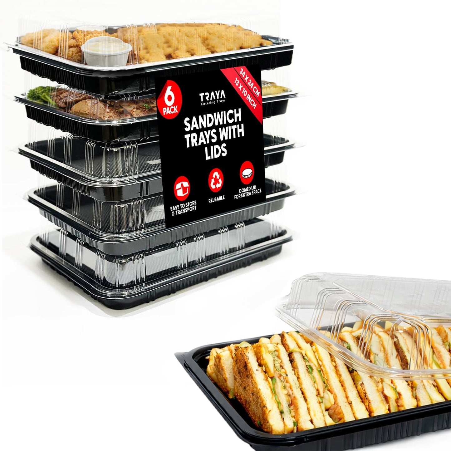 TRAYA Pack of 6 Serving Tray with lid - Reusable Catering Trays with Lids 13'' Long for Meal Prep, Cakes, Treats and Sandwiches (13.39 × 9.84 × 2.95 inch)