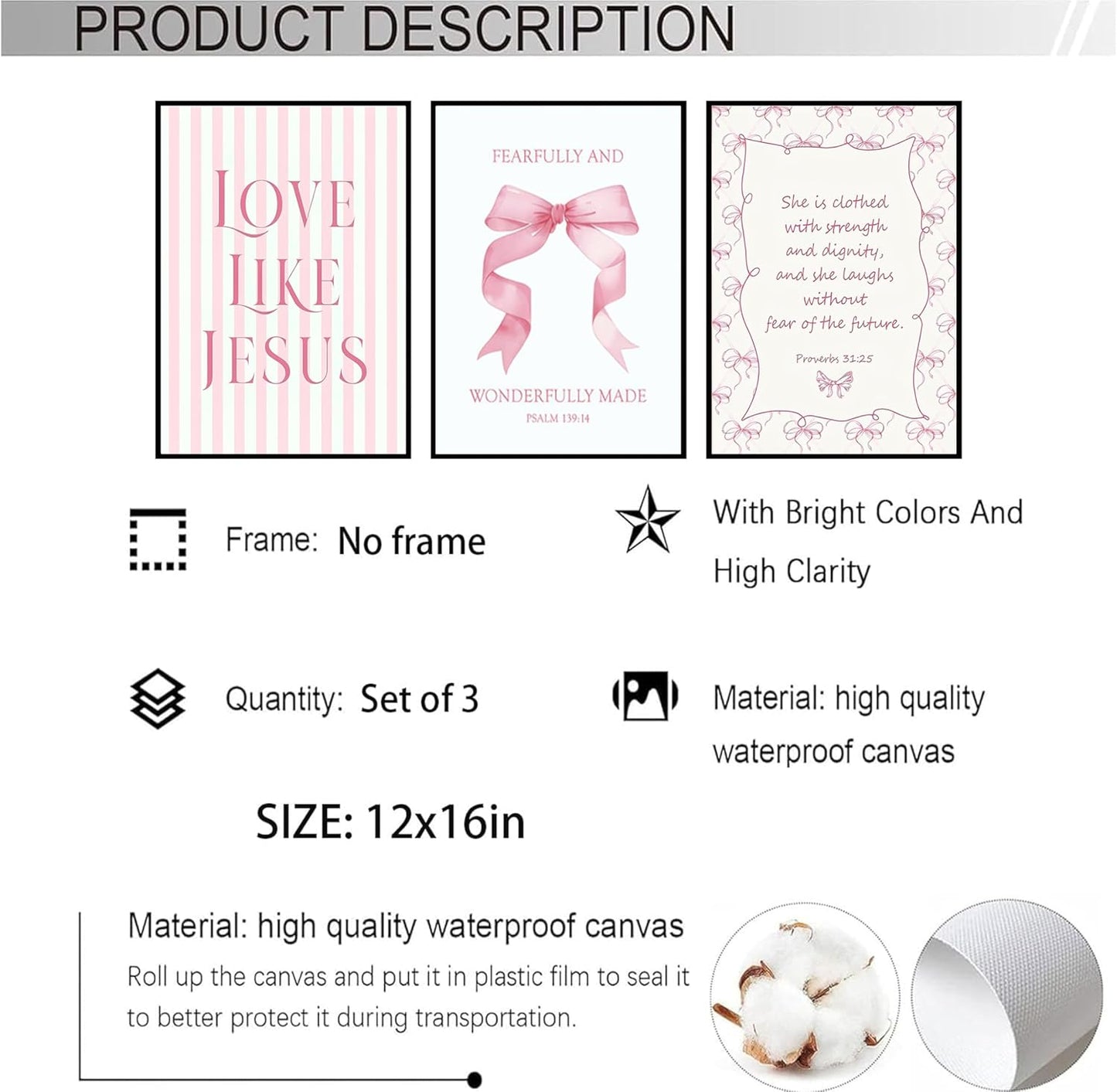 Skiennix 3-Piece Pink Christian Wall Art - Inspirational Bible Verses Canvas Prints | 12x16in Unframed Decor for Teen Girls' Bedroom