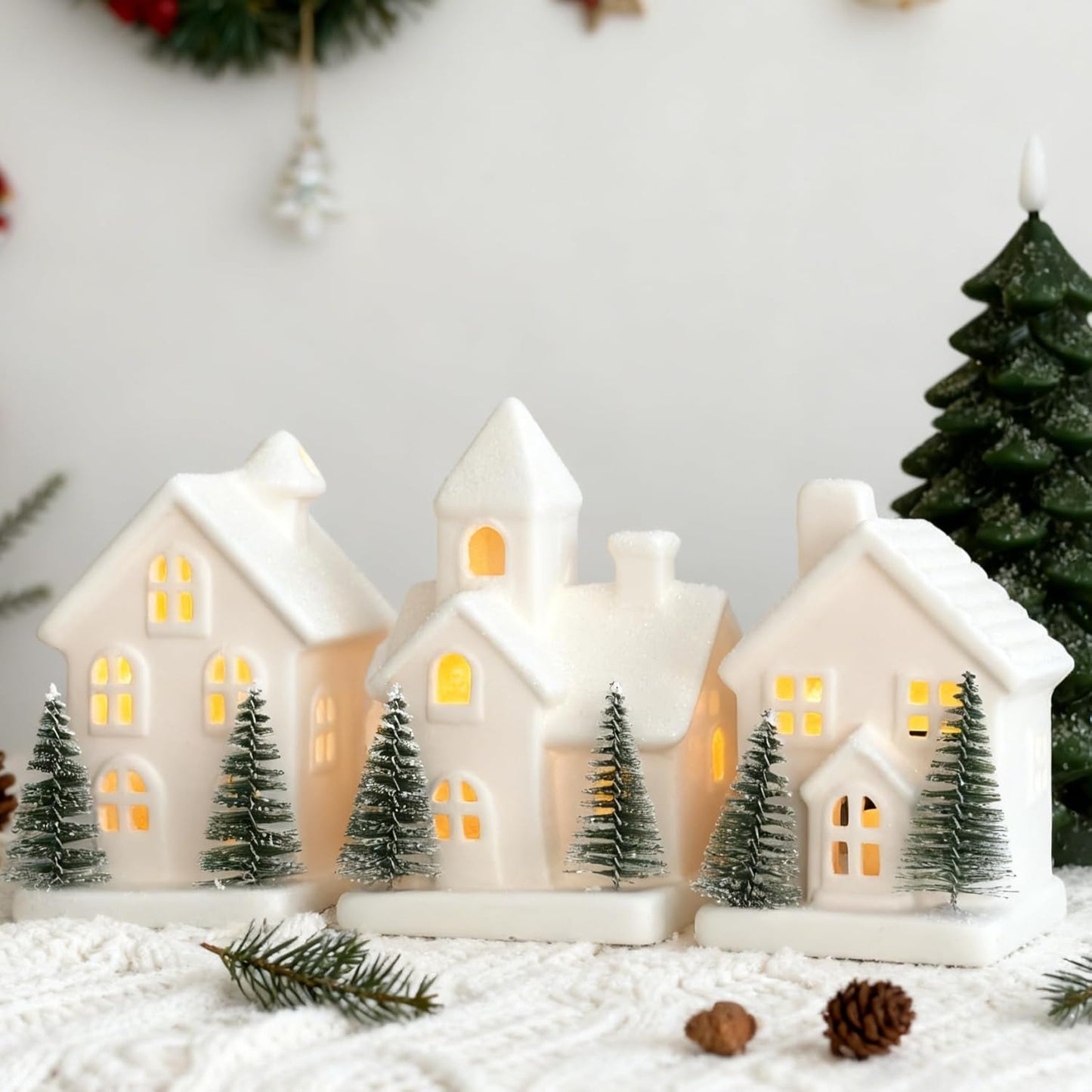 Regine Switzerland Christmas Village Set - 3 Lighted Ceramic Houses with Trees | Rustic White Holiday Decor for Home