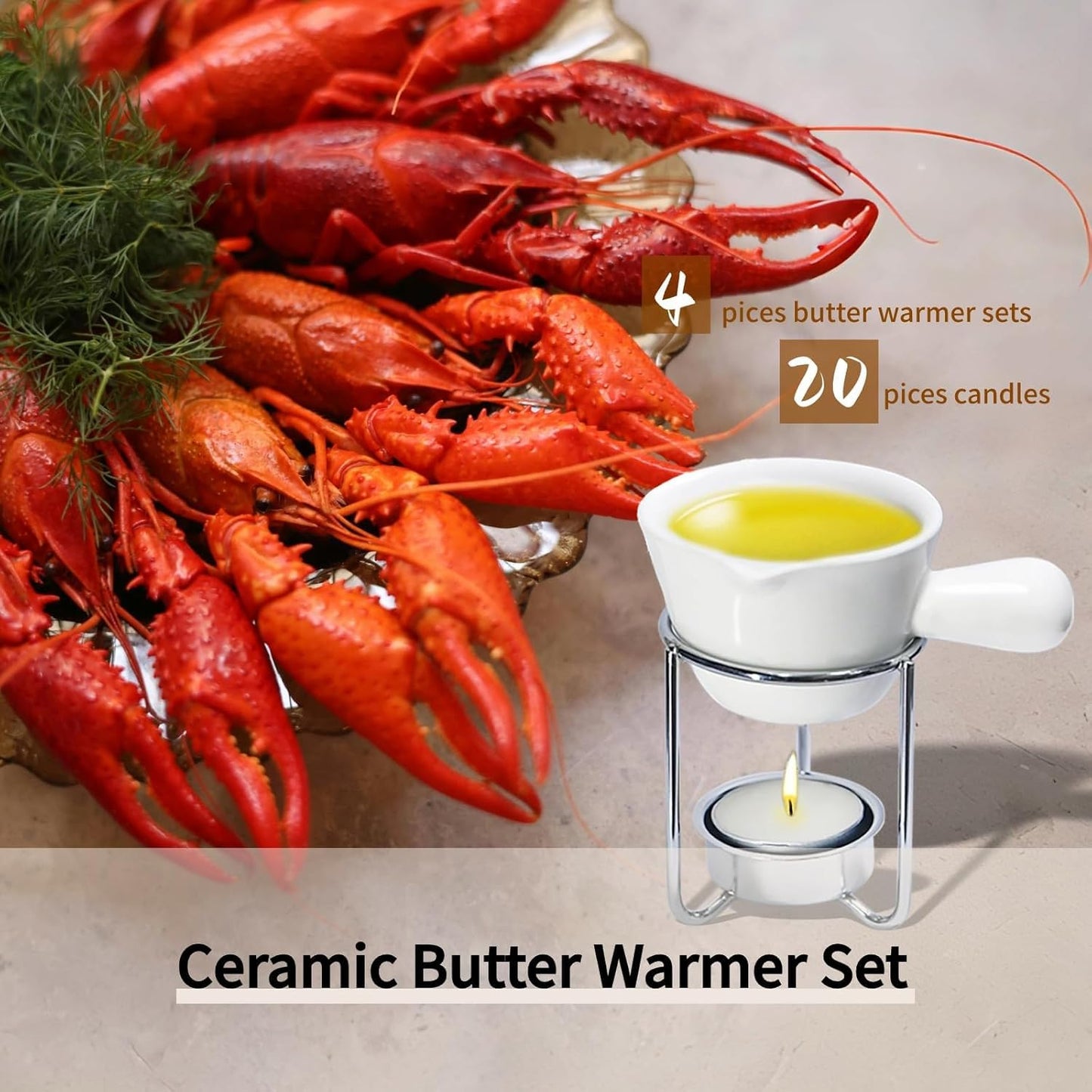 4Pcs Fondue Pot Set for Chocolate Butter Cheese, 5oz Butter Warmer for Seafood with 20 Tealight, Ceramic Bowl Oven Microware Dishwasher Safe,Perfect for family dip Fruit,Dessert,Snack