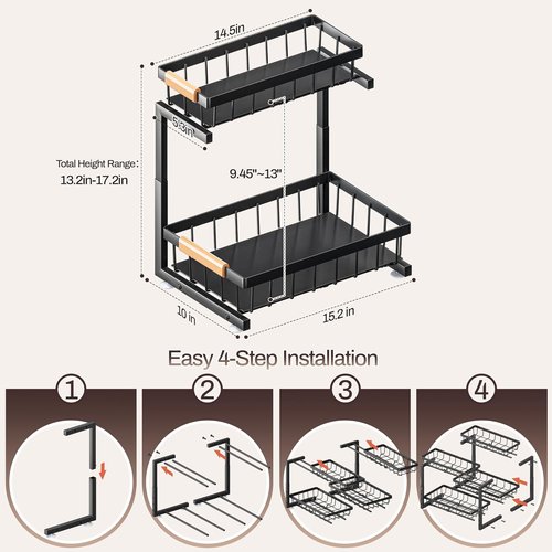 ADBIU Under Sink Organizer - 2 Pack Expandable 2 Tier Storage Shelves for Kitchen & Bathroom (13.2" - 17.2")