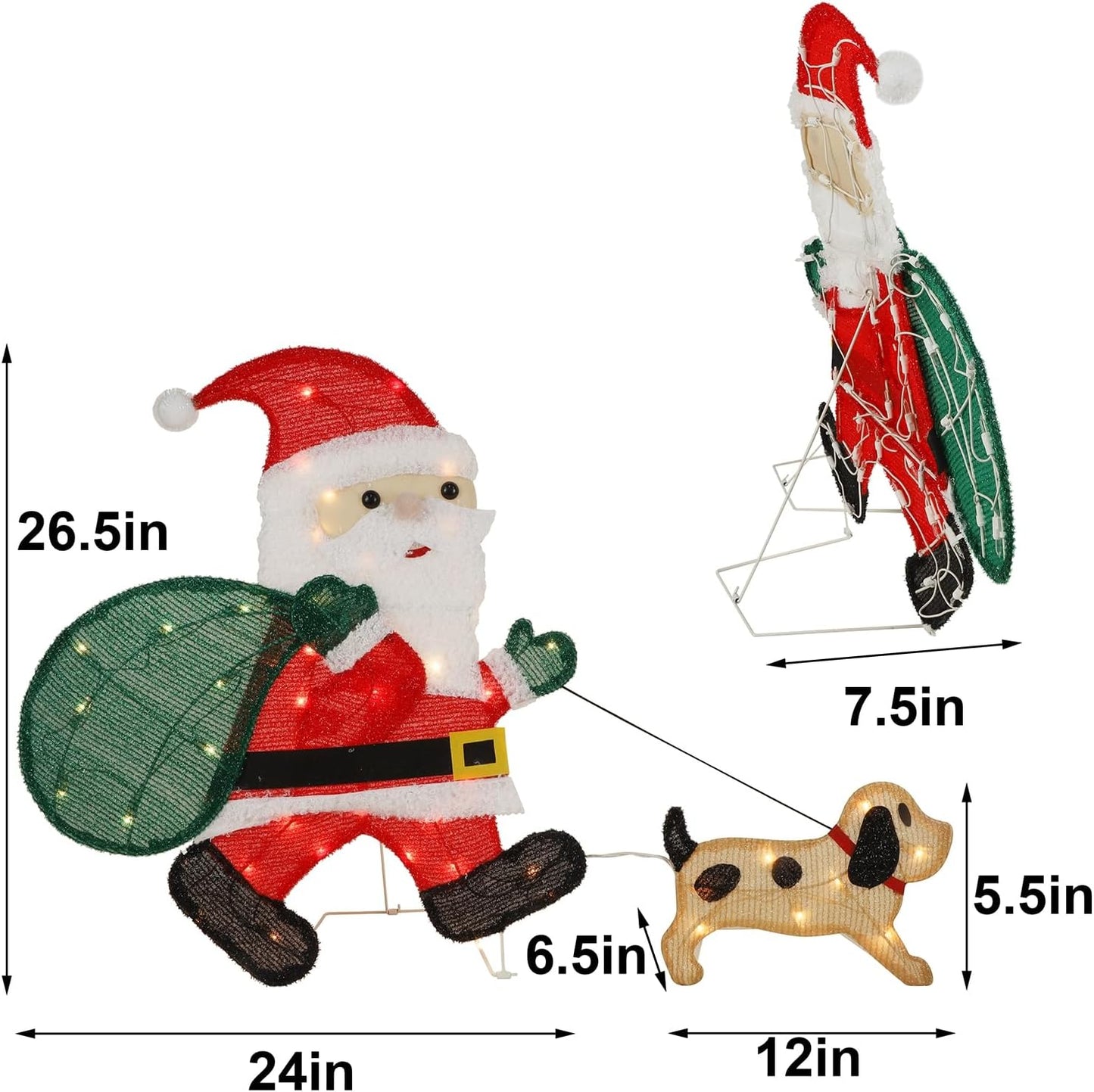 Waterglide Lighted Christmas Santa Claus - 26.5 Inch Pre-Lit Tinsel Decor with Puppy for Outdoor Holiday Display