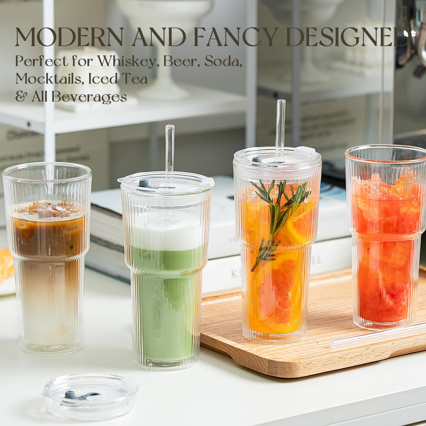 KEMORELA Iced Coffee Cups with Lids 20oz Ribbed Double Wall Glass Cups with Lids and Straws 2PCS, Coffee Bar Accessories， Insulated Borosilicate Glass Tumblers, To Go Coffee Cups, Spill proof tumbler