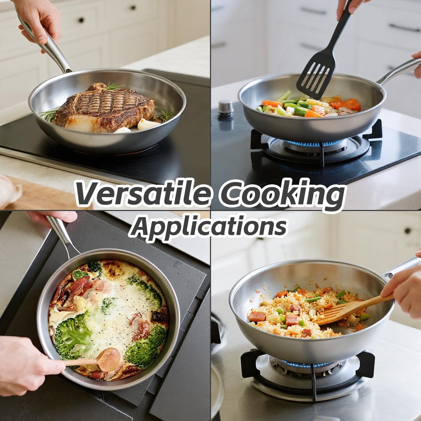 Kirecoo Tri-Ply Stainless Steel Pan - 12 Inch Frying Pan, Fast and Even Heat Stainless Steel Skillet, Induction Cookware, Dishwasher and Oven Safe Skillet