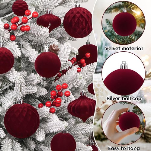 Celltestria Velvet Christmas Balls - 28PCS Flocked Shatterproof Burgundy Ornaments for Holiday Decor
