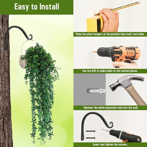 FEED GARDEN Heavy Duty Plant Hooks - 8 Inch Wall-Mounted Brackets | 44lb Capacity Steel Hangers in Black