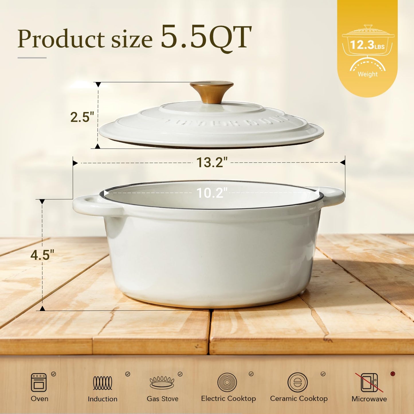 Overmont Enameled Cast Iron Dutch Oven - 5.5QT Pot with Lid Cookbook & Cotton Potholders - Heavy-Duty Cookware for Braising, Stews, Roasting, Sourdough Baking Pearl White