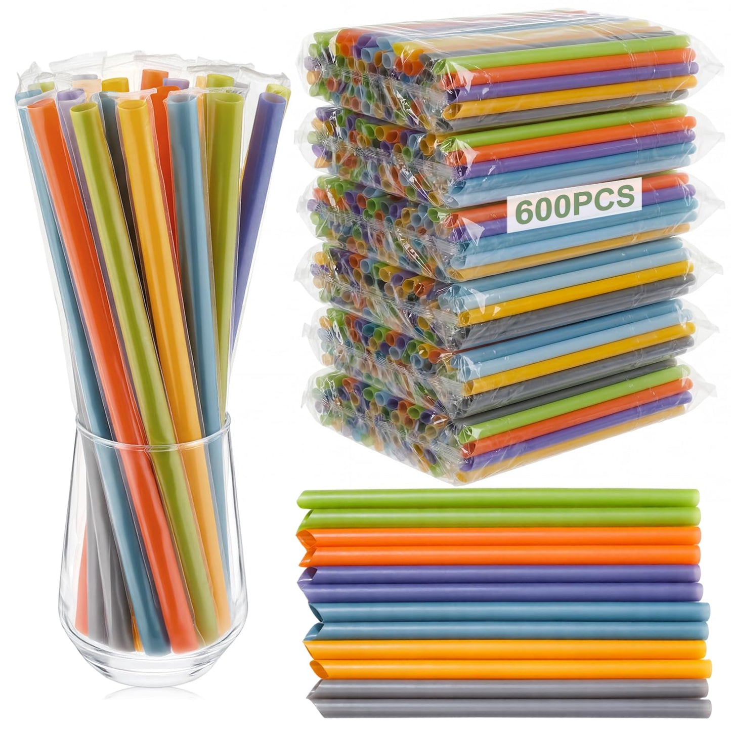 Tessco for you 600 Pcs 9.84 Inch Jumbo Smoothie Straws Bulk 10 mm Large Plastic Disposable Bubble Tea Straws Wide-Mouthed Individually Wrapped for Tall Homemade Milkshakes Drinking(Colorful)