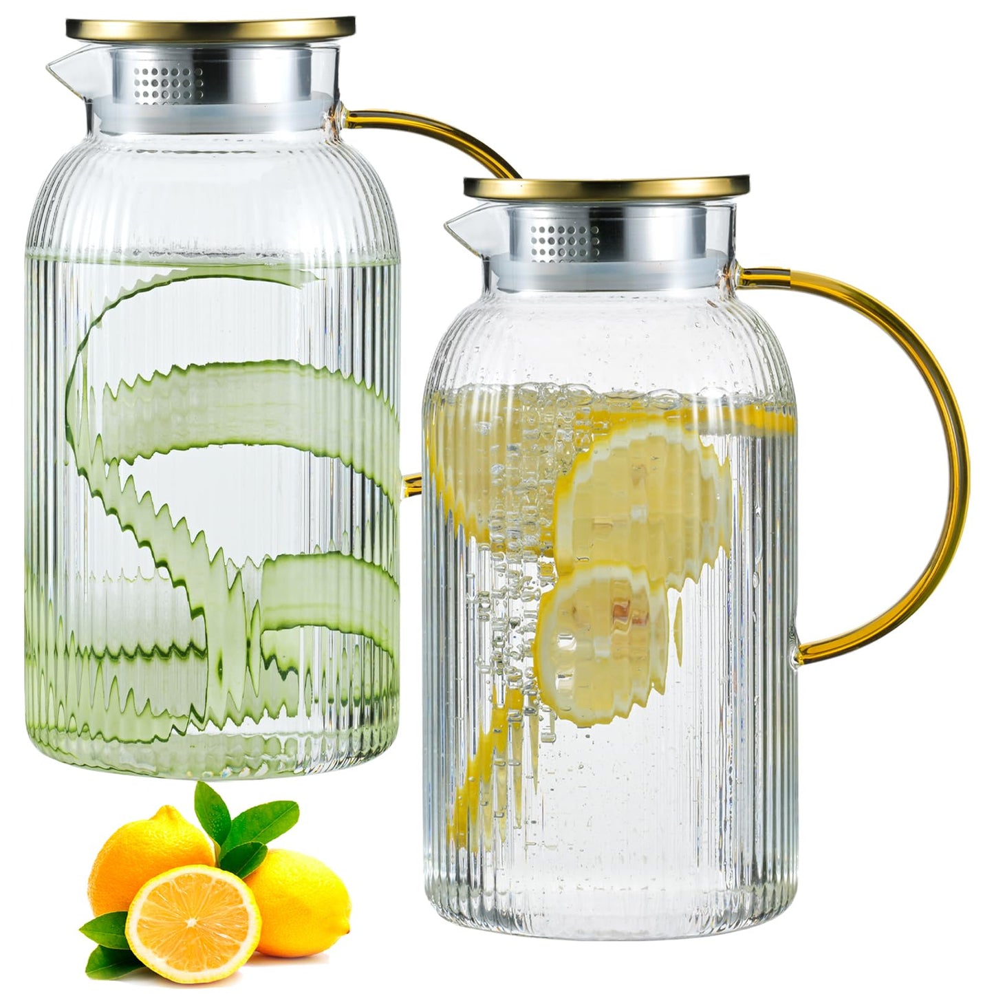 2 PACK Glass Pitcher with Lid and Handle,68 oz/ 2 Liter Vertical Stripes Water Pitcher,Glass Water Carafe for Fridge,Hand Blown Heat Resistant Borosilicate Water Jug for Hot/Cold Drinks