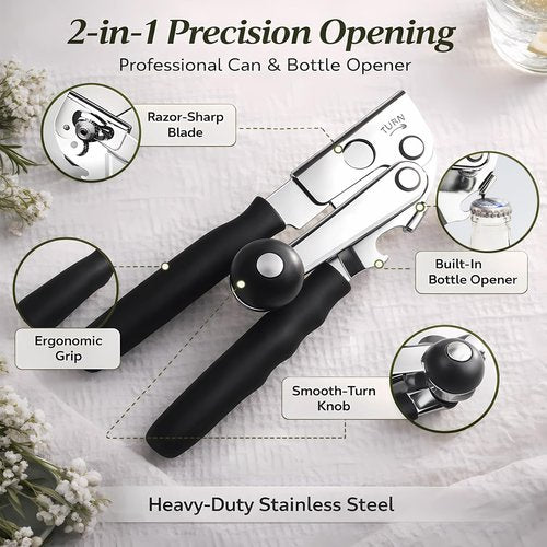 Commercial Can Opener, Heavy Duty Manual Can Opener for Large Cans, Hand Crank Can Opener with Magnetic Lid Lifter, Stainless Steel with Bottle Opener