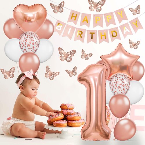 1st Birthday Decoration for Girls, Rose Gold 1st Birthday Balloon, Rose Gold Number 1 Balloon with Butterfly Stickers, Star Heart Foil Balloons Banner Set for Baby 1 Year Old Birthday Party Decor