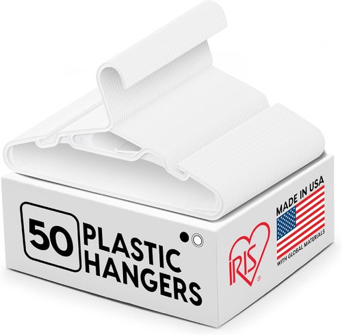 IRIS USA Lightweight Plastic Clothes Hangers - 50 Pack with Shoulder Grooves & Accessory Hooks | White