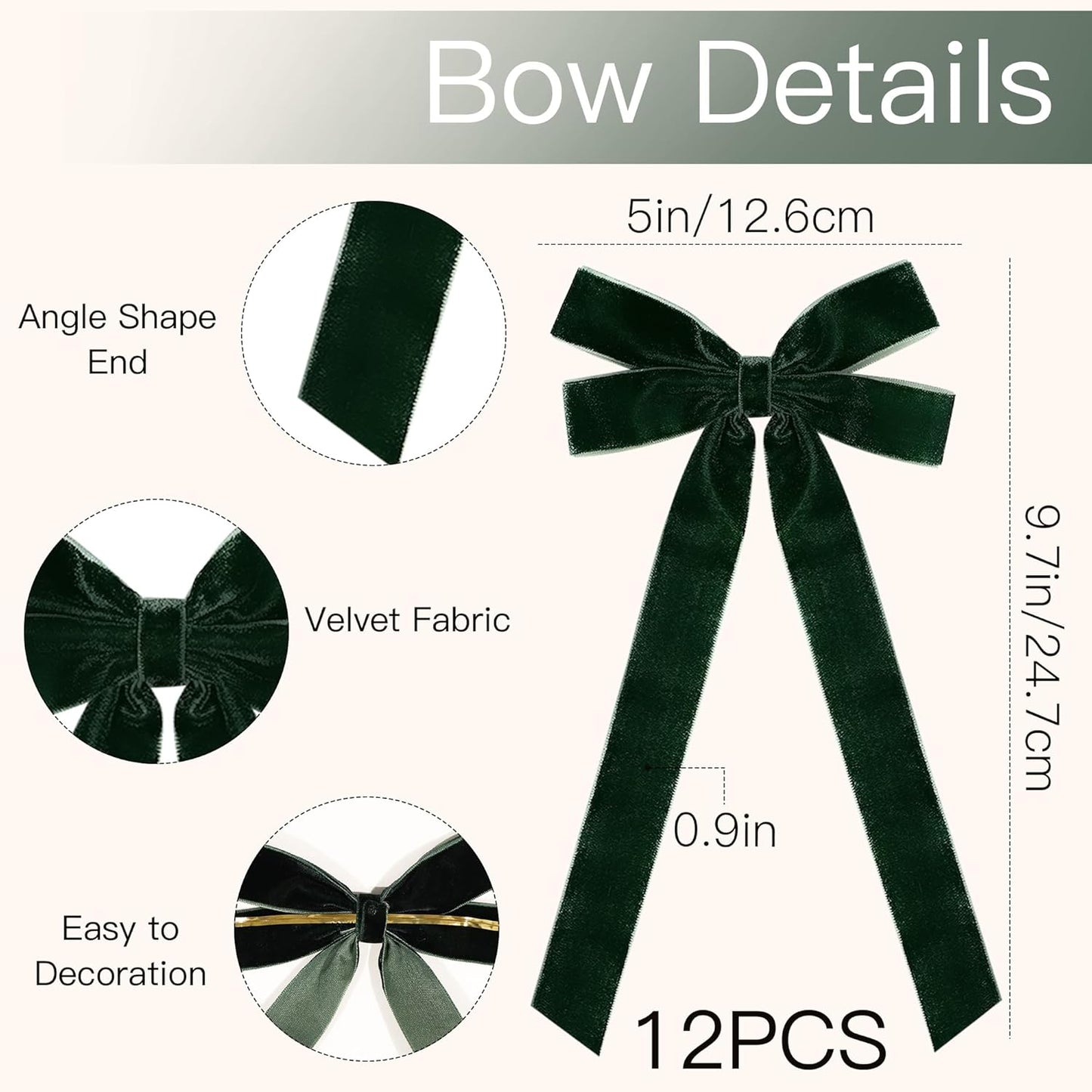 MUKOSEL Velvet Ribbon Bows - 12 Pcs Dark Green Christmas Tree Decorations | Holiday Ornaments & Wreaths