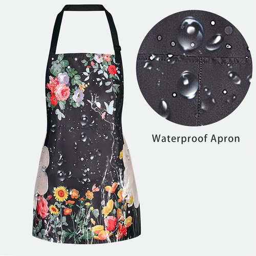 DILLMAN 2 Pack Floral Aprons with Pocket, Blooming Womens Aprons Waterproof Adjustable Cooking Aprons for Kitchen Gardening and Salon (2Pack #A)