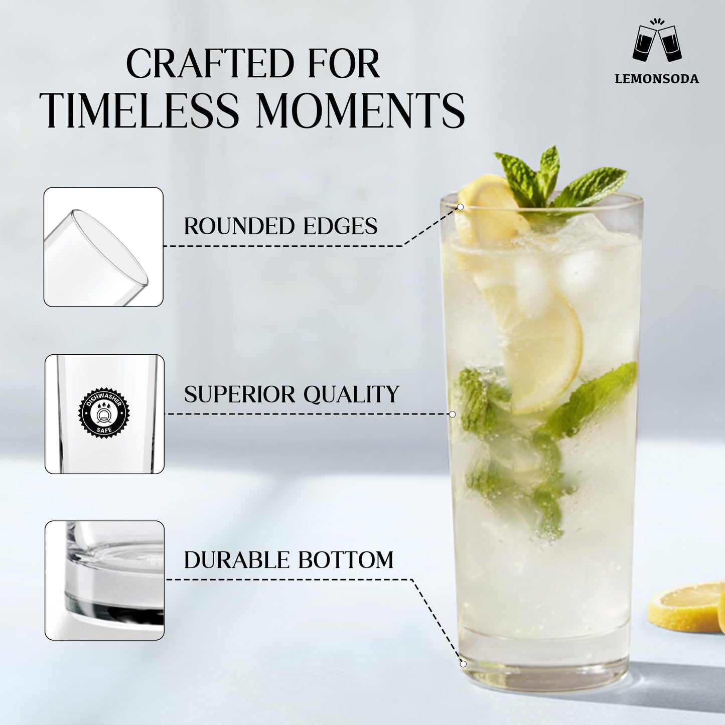LEMONSODA Premium Highball 12oz/15oz Glass Sets - Elegant Tom Collins Glasses - Tall Water Drinking Glasses - Bar Glassware for Mojito, Whiskey, Cocktail (15oz, Set of 6)