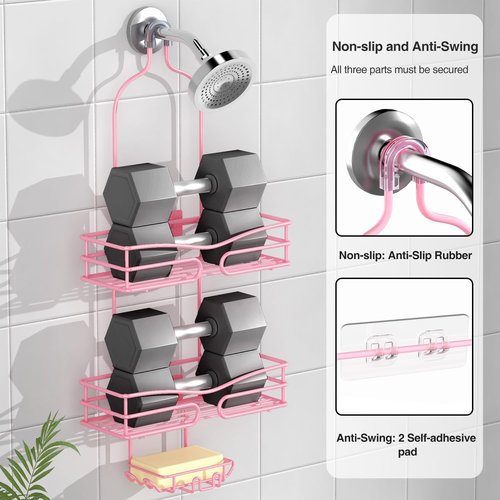 DAOYA Pink 3-Tier Shower Caddy - Overhead Bathroom Organizer with Soap Holder & 6 Hooks