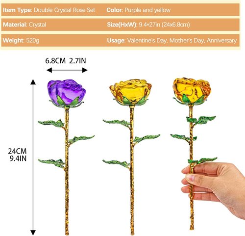 HDCRYSTALGIFTS Crystal Rose Flower Figurines - 9.5'' Purple & Yellow Glass Flowers | Romantic Gifts for Her