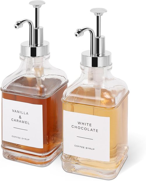 Coffee Syrup Dispenser - Clear Glass Pump Bottles for Coffee Bar | Refillable Maple Syrup Storage, 500ml, Set of 2