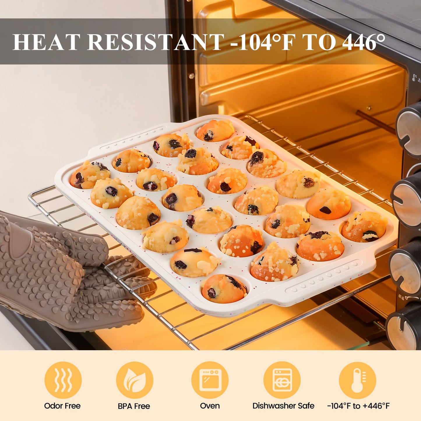 Vinino 2-Pack Silicone Mini Muffin Pan for Baking, 24 Cup Mini Cupcake Pan with Metal Reinforced Frame, Nonstick Muffin Tray with Non-Slip Handle, Silicone Molds for Oven, BPA Free, Dishwasher Safe