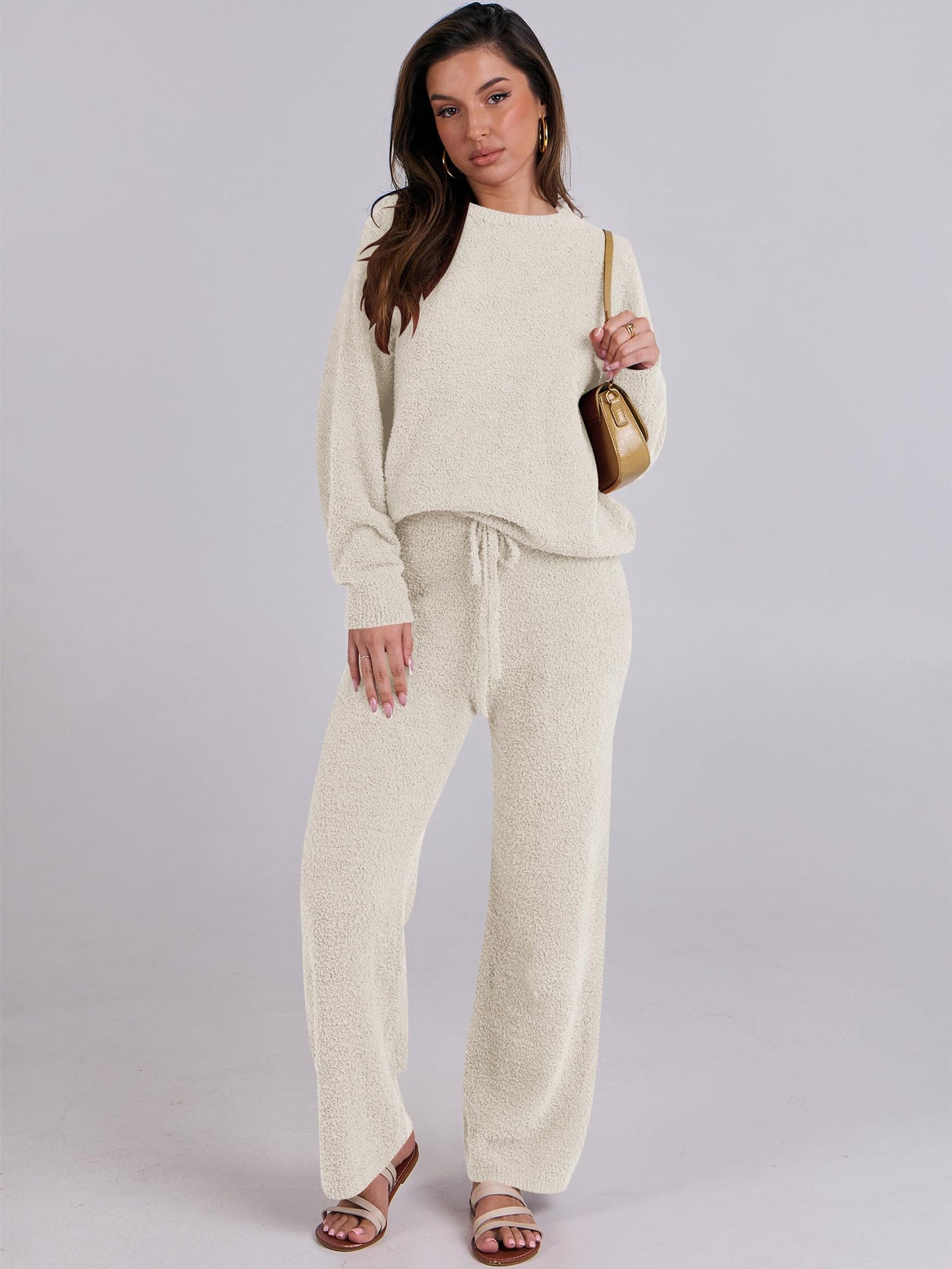ANRABESS Women's Fuzzy Fleece Pajama Sets 2 Piece Outfits Long Sleeve Top Wide Leg Pants Lounge Matching Set 2025 Fall Winter